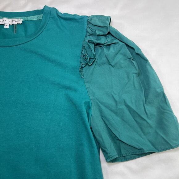 ENGLISH FACTORY Top Size M Teal Green Mini Ruffle Puff Sleeve Crew Neck T-Shirt - Picture 7 of 13